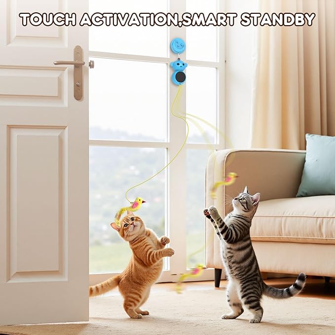 Interactive Cat Toys for Indoor Cats - 2 in 1 Automatic Laser Pointer Cat Toy with Feather Flying Bird，Smart Moving Mouse Wand Toy, Auto On/Off Hanging Toys for Bored Kitten & Adult Cats(Blue)