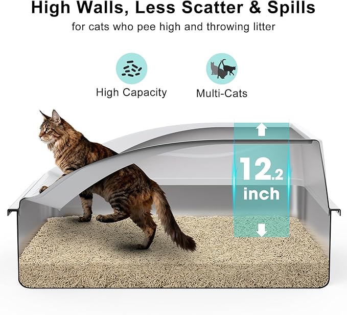 Stainless Steel Litter Box Extra Large for Big Cats and Multi-Cats | Jumbo Extra Large Metal Cat Box with High Sided Lid, Anti-Urine Leakage, Non-Stick,Include Litter Scoop