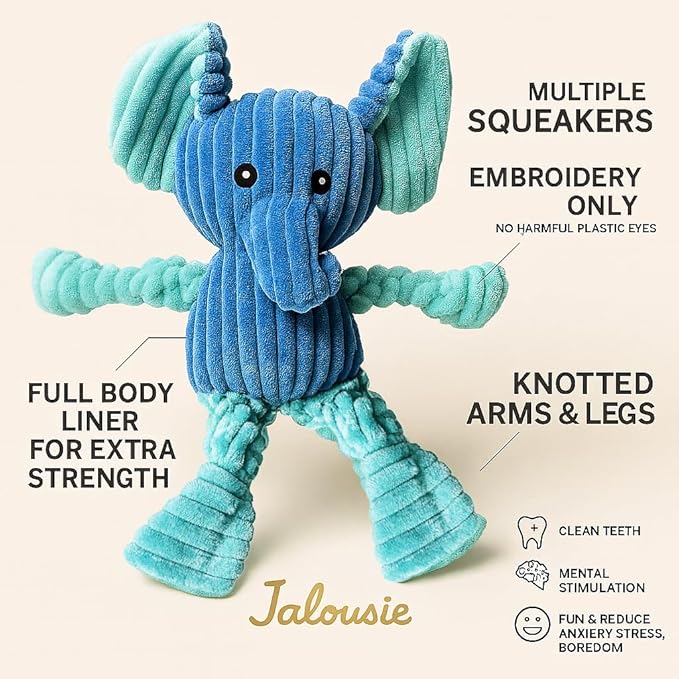 Jalousie Plush Toys Assortment Value Bundle Puppy Pet Mutt Squeak Toy for Medium Large Dogs (5 Pack Knotted)