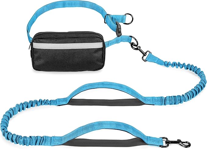 Squirrel Products Hands Free Dog Leash with Hip Belt/Crossbody Strap, Zipper Pouch, and Shock Absorbing Bungee for Walking or Jogging with pet (Blue, Black)