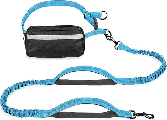 Squirrel Products Hands Free Dog Leash with Hip Belt/Crossbody Strap, Zipper Pouch, and Shock Absorbing Bungee for Walking or Jogging with pet (Blue, Black)