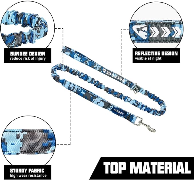 AUROTH Heavy Duty Dog Leash - Bungee, No Pull for Shock Absorption, Blue Camo, 6FT, 2 Padded Handles