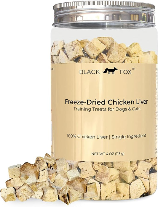 BLACK FOX Freeze-Dried Chicken Liver Training Treats for Dogs and Cats | 270 Treats, 4oz Single Ingredient, Raw, Healthy, All Natural, Human Grade, Recyclable Packaging