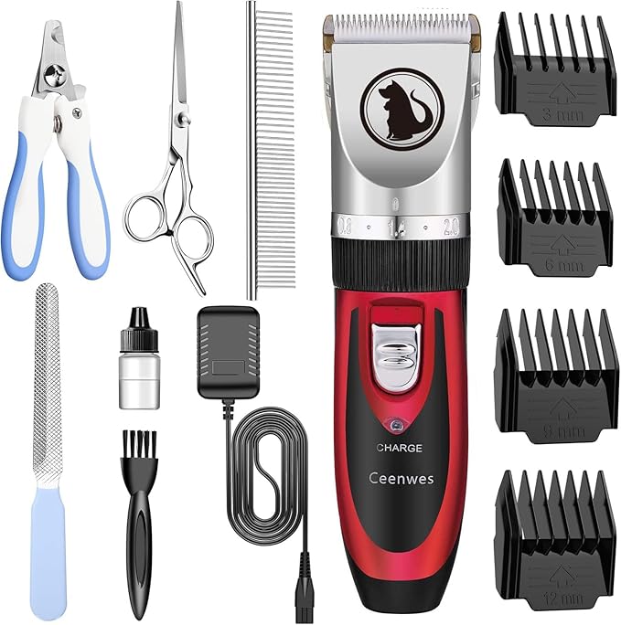 Ceenwes Dog Clippers with Storage Case Low Noise Pet Clippers Rechargeable Trimmer Cordless Grooming Tool Professional Dog Hair Trimmer with Comb Guides Scissors for Dogs Cats & Others（Red）