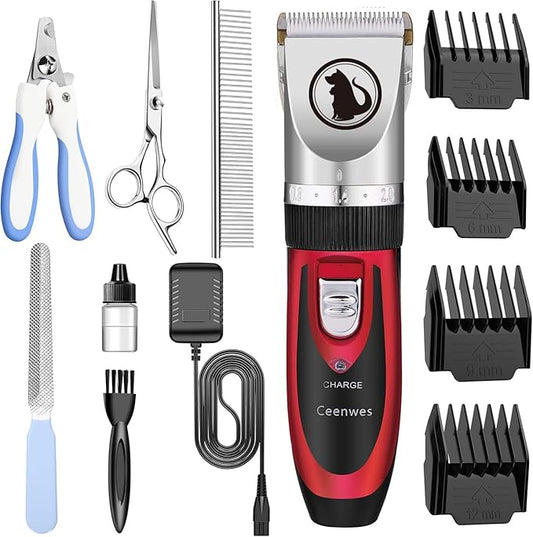 Ceenwes Dog Clippers with Storage Case Low Noise Pet Clippers Rechargeable Trimmer Cordless Grooming Tool Professional Dog Hair Trimmer with Comb Guides Scissors for Dogs Cats & Others（Red）