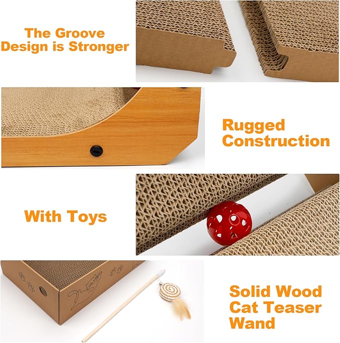 L-Shaped Cat Scratcher 2-in1 Scratching Board for Indoor Cats Protecting Furniture Cardboard Box Scratch Pad with Ball Toy Cats Scratching Posts with Cat Teaser