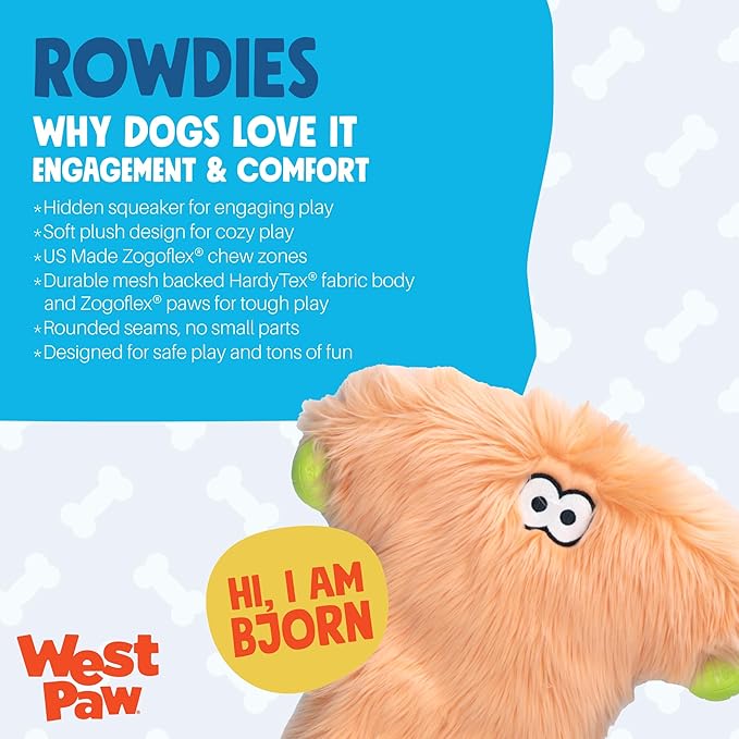 WEST PAW Rowdies Bjorn Durable Plush Dog Toy with Reinforced Seams Chew Resistant Design and Interactive Squeaker for Playtime Indoors or Outdoors Bundle for Dogs Who Deserve The Best - Melon