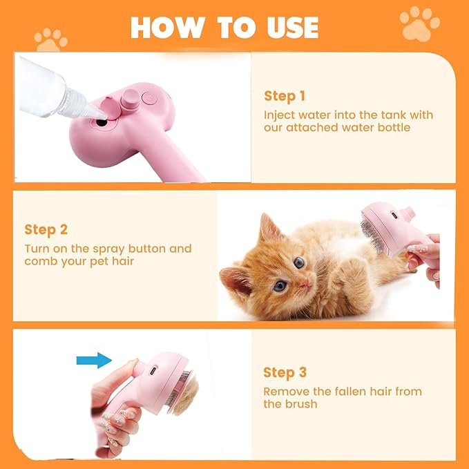 Cat Steam Brush for Shedding with Metal Comb,Deshedding Dog Brush for Long and Short Haired Dogs,Cat Hair Brush for Indoor Cats,Self Cleaning Double Hole Spray USB Rechargeable Grooming Supplies(Pink)