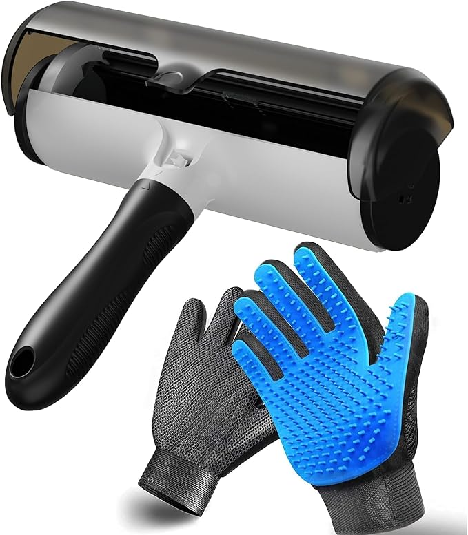 Pet Hair Remover & Pet Grooming Gloves Set - Deshedding Brush for Cats/Dogs, Reusable Lint Roller Brush for Cats,Dogs - Furniture, Car, Couch, Clothes and Bedding