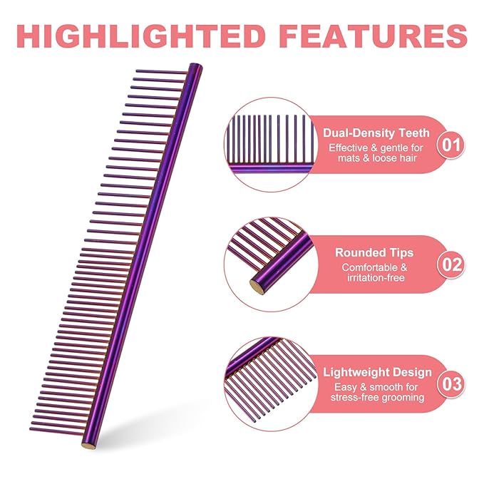 Dog Cat Comb, Pet Combs Stainless Steel Teeth with Rounded Ends for Knots Mats Loose Hair Removal, 6.5IN (Purple Plated, 3 Pack), Grooming Tool Intended for Long Curly Hair Pet