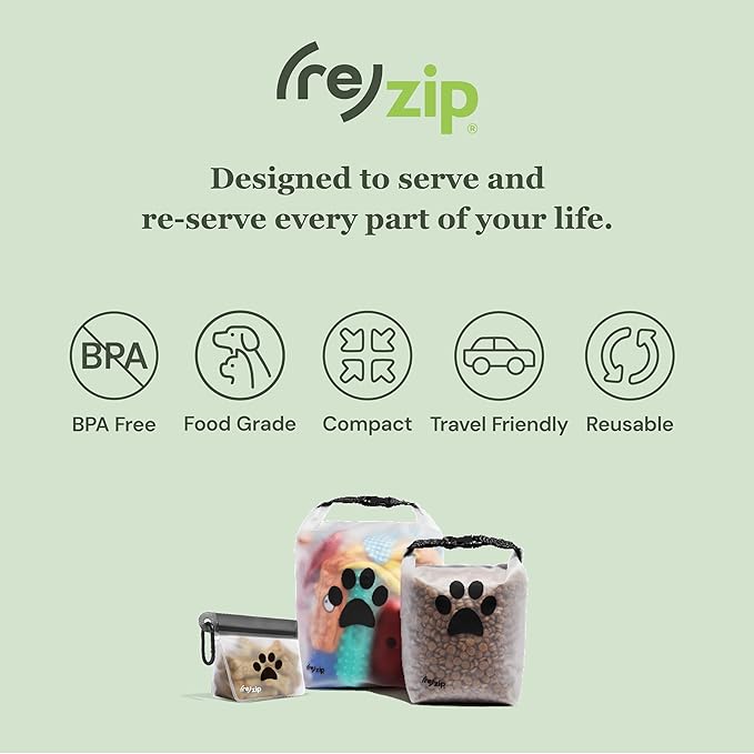 (re) zip Pet On-The-Go Bags 2-pack | Lightweight, Compact, Carabiner Clip | Airtight Closure | Water-Resistant | Food-Safe PEVA | Holds Treats, Poop Bags, Toys | Travel-Friendly