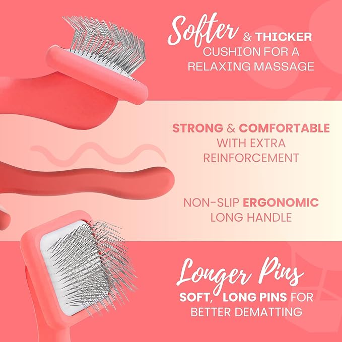 Pet Slicker Brush With Soft Massage Grooming Stainless Steel Pins - For Dematting, Shedding Fur, and Undercoat - Ideal Gift for Professional Pet Groomers - Long Slicker Brush (Coral, Flat Small)