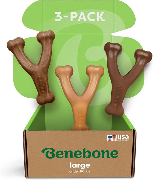 Large 3-Pack, Benebone Wishbone Durable Dog Chew Toy for Aggressive Chewers, Real Bacon, Chicken, Peanut Butter, Made in USA, Variety Pack