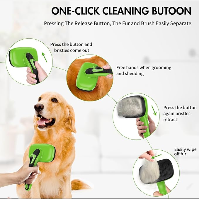 Dog Self Cleaning Slicker Brush for Shedding, Ideal for Short Long Haired Dogs, Including Cat. Removes Loose Fur, Undercoat, Mats, Tangled Hair. Suit for Large Medium Small Animal, Green