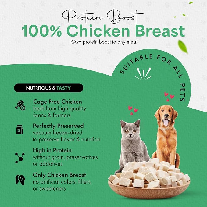 Freeze-Dried Chicken Treats for Cats & Dogs – 100% Human Grade, Single Ingredient, High-Protein, Healthy Snack – No Additives or Preservatives – 7.7oz - Inspected & Tested in USA