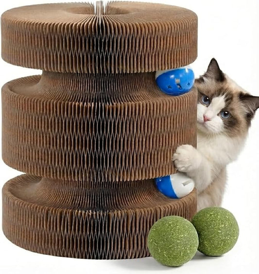 Magic Organ Cat Scratcher Board and Natural Catnip Balls (2-Pack) Bundle - Foldable Interactive Cardboard Toy for Indoor Cats, Exercise & Stress Relief Set