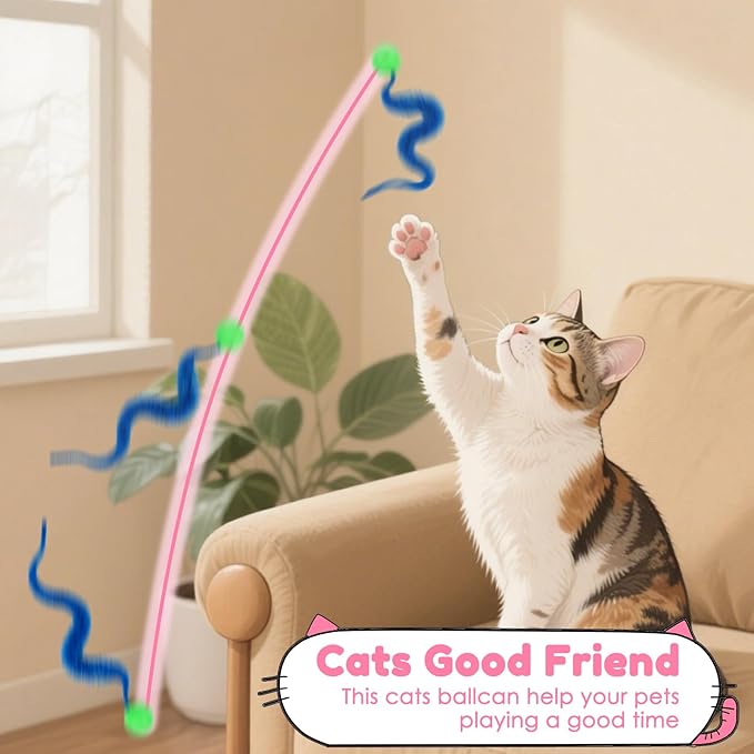 SHENGSEN Feather Wand Cat Toy,Bouncy Ball with Tail Cat Toys,Magic Worm with Large Colorful Ball Toy for Cats,Cat Feather Toys for Indoor Cats,Colorful Fuzzy Worm Bouncy Balls Cat Toy (ADM102-B-3A)