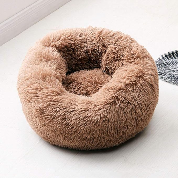 BODISEINT Modern Soft Plush Round Pet Bed for Cats or Small Dogs, Mini Medium Sized Dog Cat Bed Self Warming Autumn Winter Indoor Snooze Sleeping Cozy Kitty Teddy Kennel (24'' D x 8'' H, Coffee)
