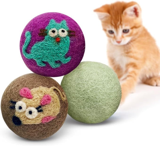 Hustle & Blush Love Ewe Felted Cat Toys 3 Pack - 2 Inch Cat & Mouse Hand Made Cute & Fun Design Kitten Wool Felt Balls for Indoor Play & Exercise - 100% New Zealand Handmade - Holiday Pet