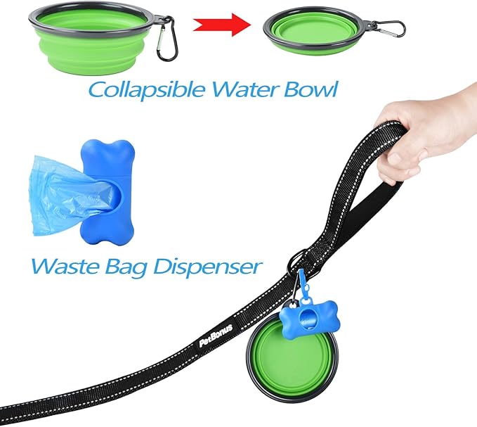 PetBonus Double Dog Leash, No Tangle Dual Leash, Reflective Walking Training Lead, 4 Comfortable Padded Handles for 2 Dogs with Collapsible Bowl and Waste Bags (Black, Large)