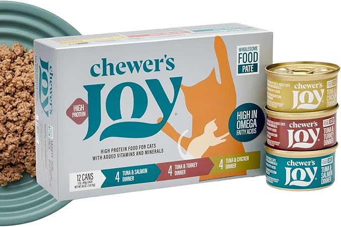 Chewer's Joy Wet Cat Food Variety Pack – 3 Flavors: Tuna & Salmon, Chicken & Turkey – Natural Pâté – High Protein – Grain Free – Complete & Balanced Nutrition – 12 Cans (3 oz)