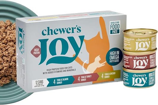 Chewer's Joy Wet Cat Food Variety Pack – 3 Flavors: Tuna & Salmon, Chicken & Turkey – Natural Pâté – High Protein – Grain Free – Complete & Balanced Nutrition – 12 Cans (3 oz)