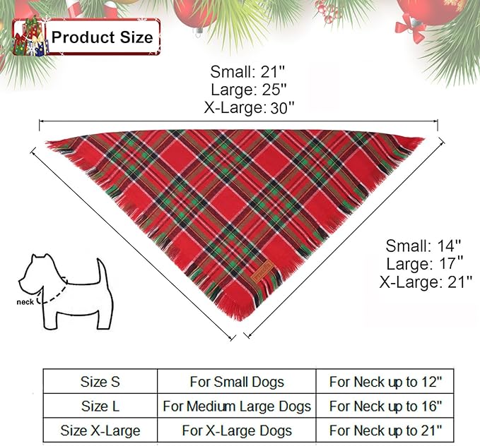 PTDECOR Christmas Dog Bandanas with Tassels Edges, 2 Pack Red Green Plaid Scarf Bib, Reversible Triangle Xmas Bandanas for Medium Large Dogs Pets (Large)