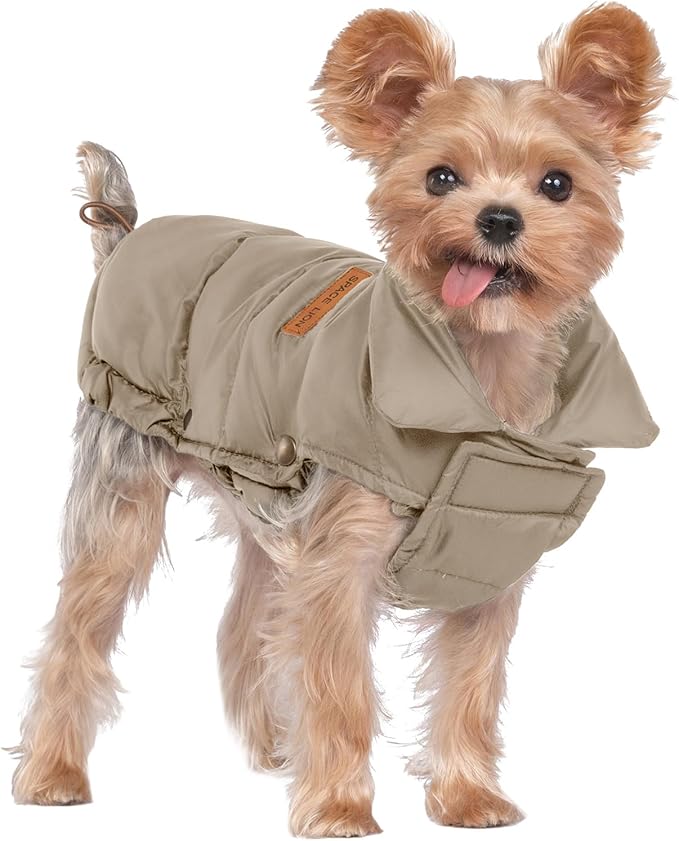 SPACE LION Dog Puffer Jacket, Down Winter Coat, Durable Outdoor Coat for Cold and Windy Conditions, Lightweight & Adjustable Fit Coats for Small Dogs, (Khaki, Size8/XS)