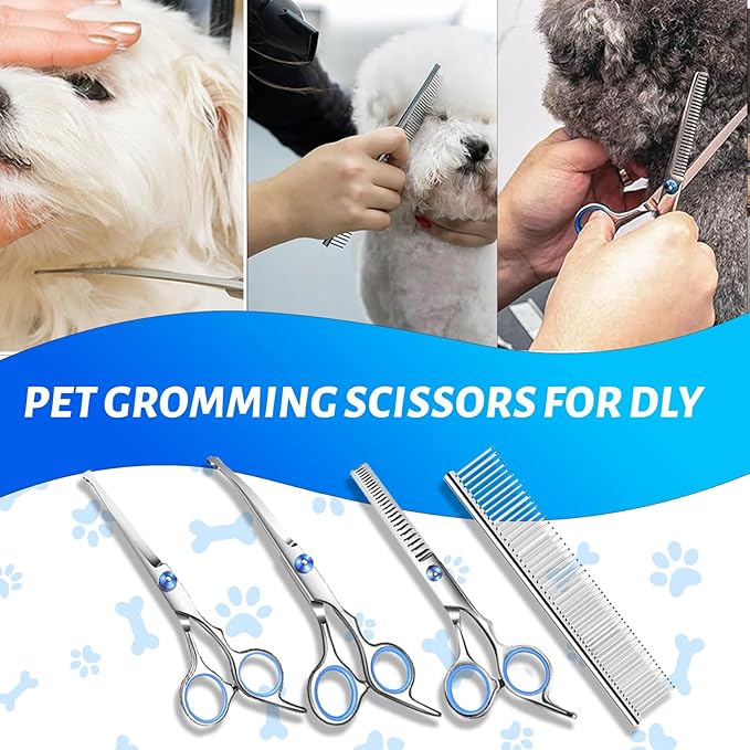 Professional 10pcs Dog Grooming Kit for Cats & Pets, All-in-One Home Pet Grooming Supplies with Safety Scissors Set,Nail Chlippers,File, Self-Cleaning Brush Storage Case, for Small Medium Large Pets