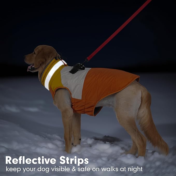 azuza Dog Jacket for Medium Dogs Waterproof Dog Coat with Reflective Strips and Harness Built in Warm Fleece Dogs Winter Coat Windproof with Back Zipper, Orange XL