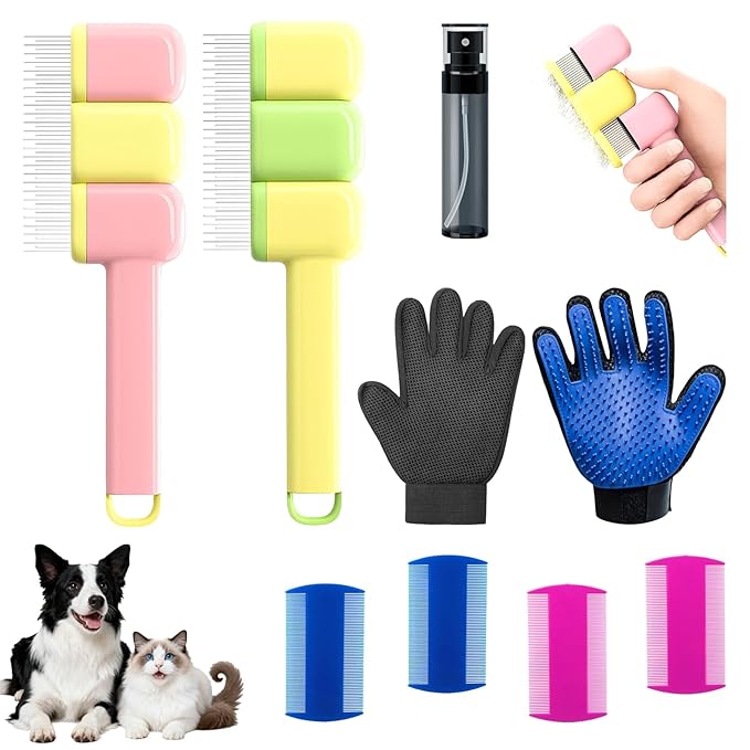 9 PCS Multifunctional Pet Grooming Brush Set for Dogs & Cats – Deshedding Gloves, Hair Removal Combs, Spray Bottle & Lice Flea Combs, Essential Bathing,Brushing & Shedding Tool Kit for Dog & Cat Care