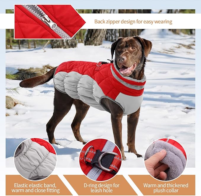 Dog Jackets for Medium Dogs,Medium Dog Coat,Warm Pet Winter Coat Zip Up Back,Waterproof Dogs Jacket with D-Ring,Pet Cold Weather Coats with Fleece Lined, Snowsuit Pug Boston Terrier,Red,M