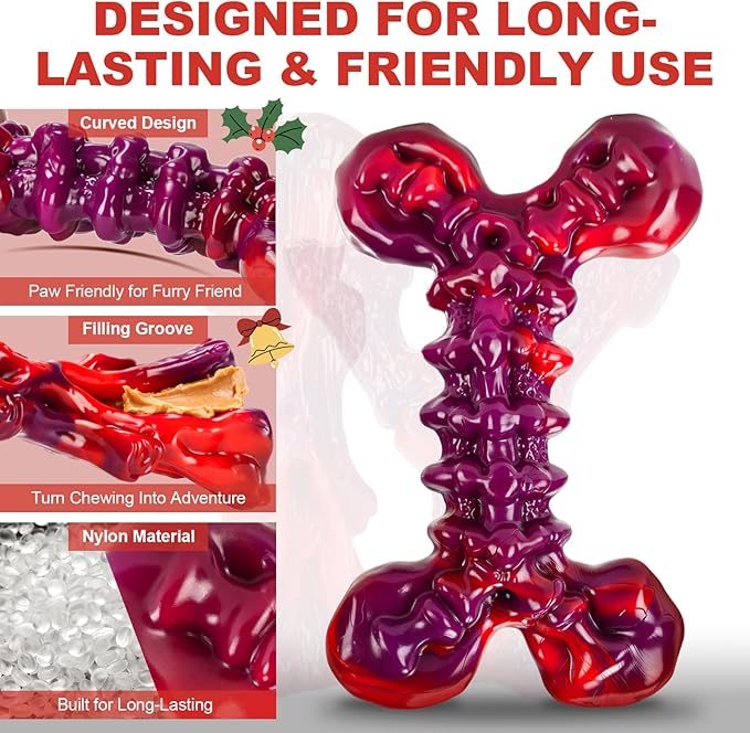 Indestructible Dog Toys for Aggressive Chewers 3-Pack: Tough Nylon Chew Toys for Medium & Large Dogs 25–80 lbs, Beef Flavor, Heavy-Duty Dog Chew Bone, Holiday Dog Gift (Red)