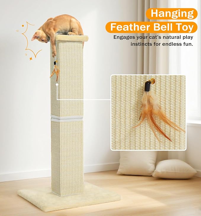 Made4Pets Cat Scratching Post, 32 Inch Natural Sisal Cat Scratcher with Kitten Toy, Tall Scratching Post for Indoor Cats Adults and Kittens, Beige