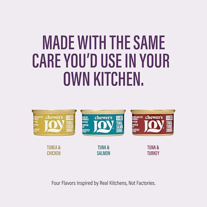 Chewer's Joy Wet Cat Food Variety Pack – 3 Flavors: Tuna & Salmon, Tuna & Chicken, Tuna & Turkey – Natural Pâté – High Protein – Grain Free – Complete & Balanced Nutrition – 24 Cans (3 oz)