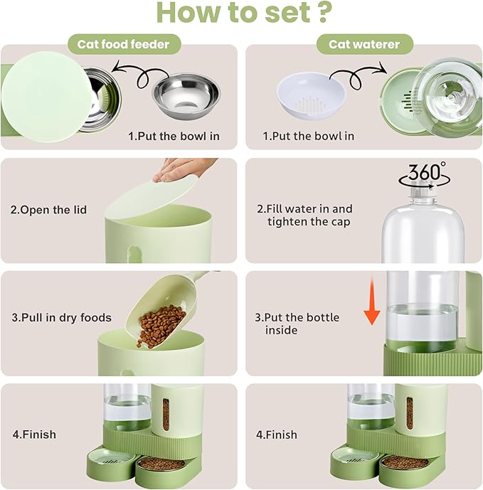 2 Pack Automatic Cat Feeder Stainless Steel Water Dispenser Gravity Food Feeder and Waterer Set with Pet Food Bowl for Small Medium Kitten Puppy Pets Large Capacity(Green)