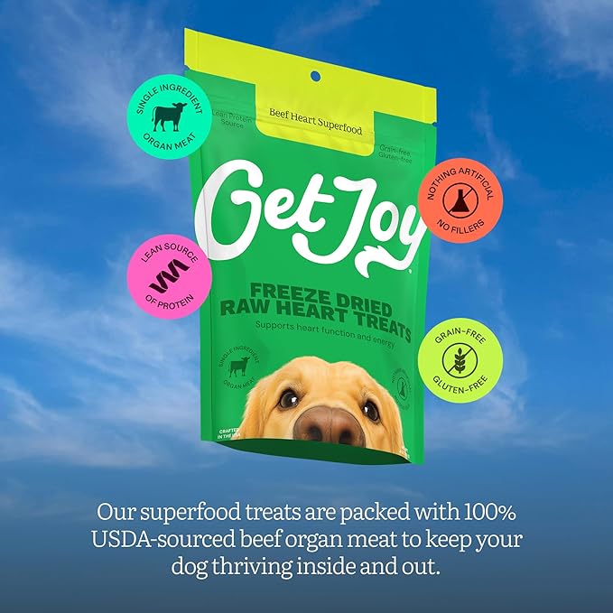 Get Joy Freeze Dried 100% Beef Heart Dog Treats, 16oz | Single Ingredient Organ Meat, High Protein Raw Dog Food Topper, Snack & Training Rewards | Grain Free, Gluten Free, Filler Free