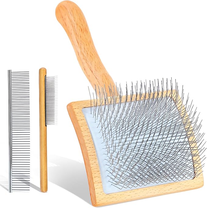 Large Dog Slicker Brush for Shedding & Curly Coat, Long Hair Dogs & Cats, Doodles, Poodles & Goldendoodles, Long Pin Grooming Brush with Wooden Handle, 3 Pcs Comb Set for Mats Tangles Wood