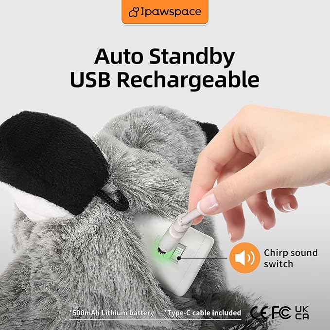 Interactive Flapping Bird Cat Toy with Catnip, Touch Activated Rechargeable, Musical Sound (can Turn Off), Satisfy Cat's Natural Huting Instinct, Soft Plush Washable Cover (Blue)