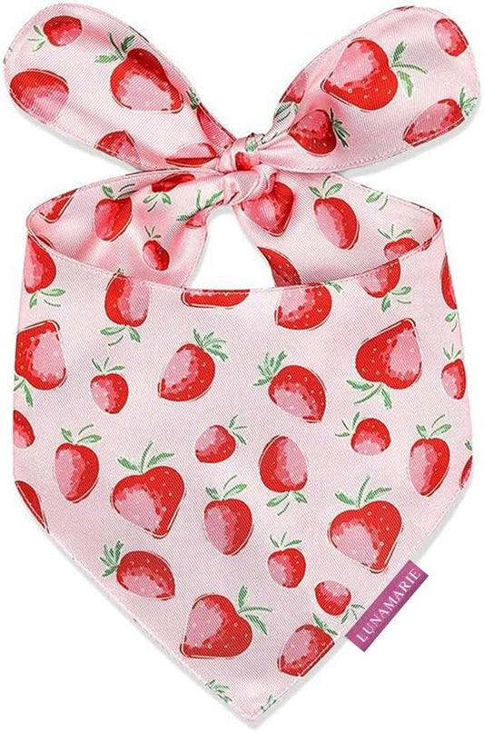 LunaMarie - Luxury Pet Birthday Bandanas -Premium & Silky Poly Fabric | 100% Handmade | Custom Shape Dual Layered (Strawberry, X-Small)