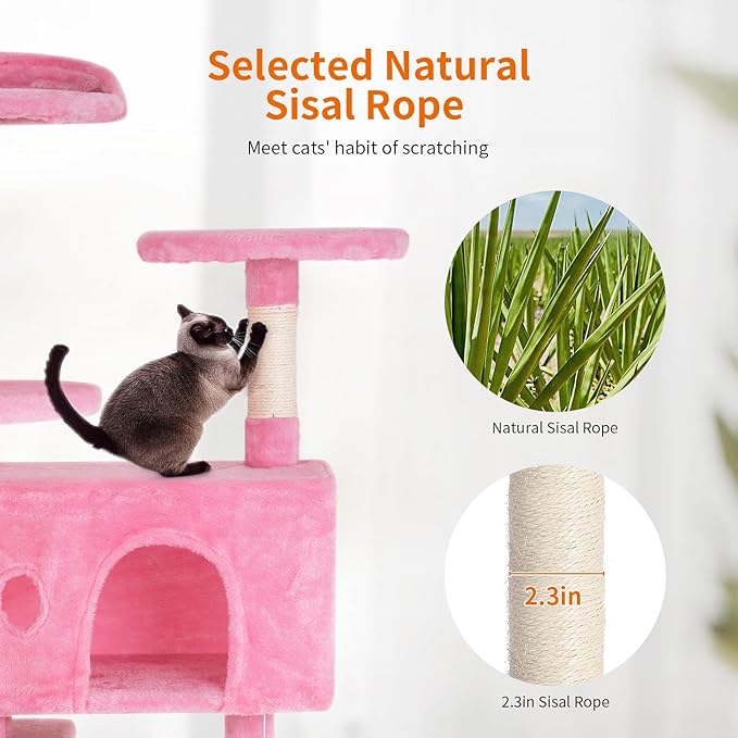 PayLessHere Cat Tree 54in Cat Tower with Cat Scratching Post, Multi-Level Cat Condo Stand House Furniture Kitty Activity Center with Furry Ball Toys for Indoor Cats (Pink)
