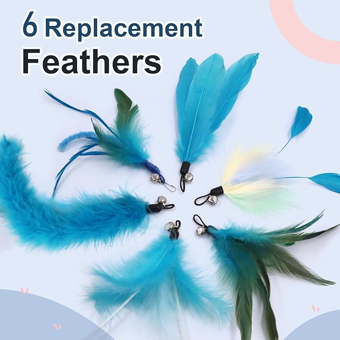 SONGWAY Cat Wand Toys for Indoor Cats - Cat Toy Set with Retractable Teaser Wand and 6 PCS Fairy Feather Toy Refills, Dragonfly Tassel Plush Cat Toys Interactive, Blue