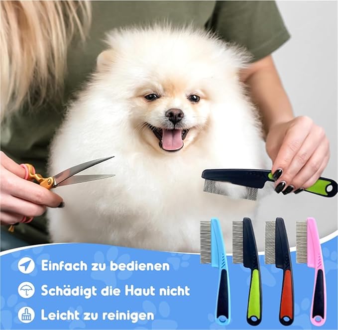 2-Pack Upgrade Fine Tooth Flea Comb for Dogs & Cats, Stainless Steel Pet Hair Removal and Massage Brush - Multifunctional Cleaning Comb for Pets(Red)