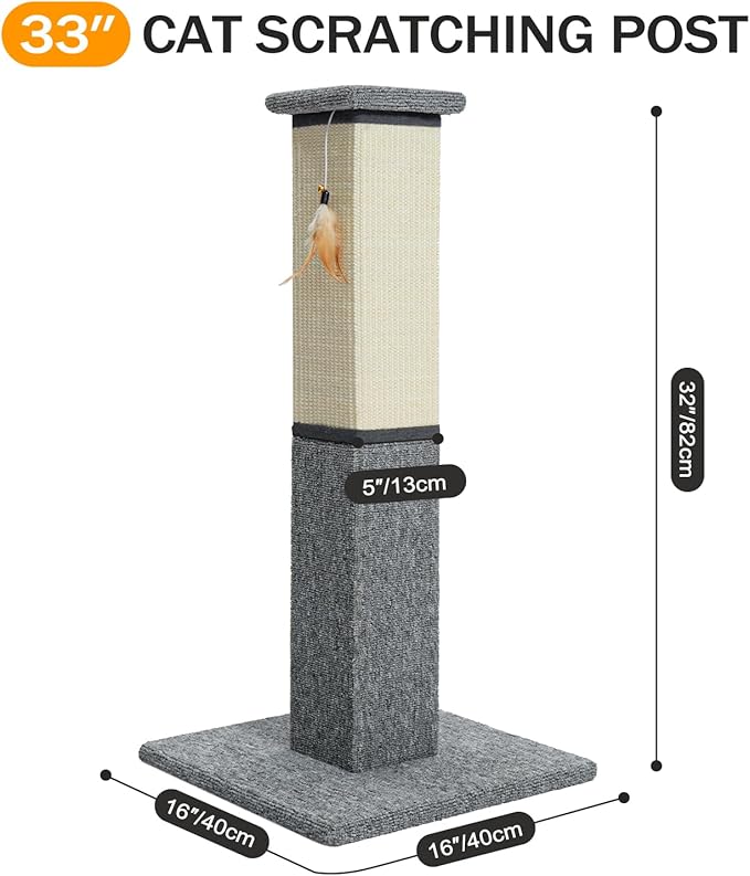 Made4Pets Cat Scratching Post, 32 Inch Natural Sisal & Carpet Covered Cat Scratcher with Kitten Toy, Dual-Material Tall Scratching Post for Indoor Cats Adults and Kittens, Beige