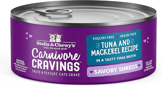 Stella & Chewy's Carnivore Cravings Savory Shreds - Wet Cat Food - High-Moisture Formula with Wild-Caught Tuna & Mackerel - Perfect for Picky Eaters - 2.8 oz, 24 Count
