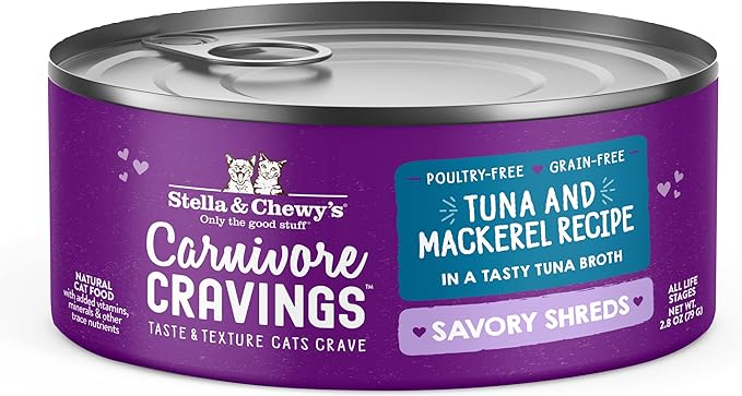Stella & Chewy's Carnivore Cravings Savory Shreds - Wet Cat Food - High-Moisture Formula with Wild-Caught Tuna & Mackerel - Perfect for Picky Eaters - 2.8 oz, 12 Count