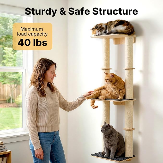 Veehoo Wall Mounted Cat Scratcher, 57" Tall Cat Wall Scratcher with Dual Sisal Scratching Posts and Large Carpeted Perch, Corner Climbing Pole for Indoor Cats