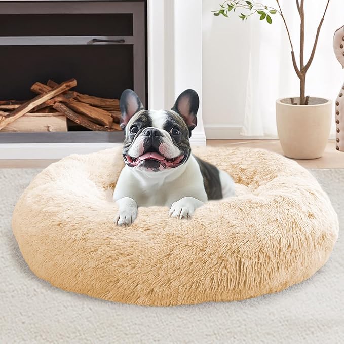 JOLLYVOGUE Calming Dog Bed Large Size Dog, Anti-Anxiety Donut Large Pet Bed, 36 inches Fluffy Faux Fur Round Cat Bed, Fits up to 75 lbs Pets (Off White)