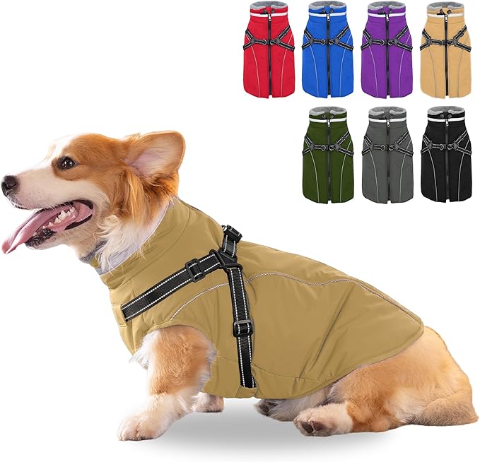 Fragralley Dog Coat with Harness Built in, Waterproof Windproof Reflective Warm Puffer Jacket, Fleece Lined Vest Winter Parka for Small, Medium, Large Dogs
