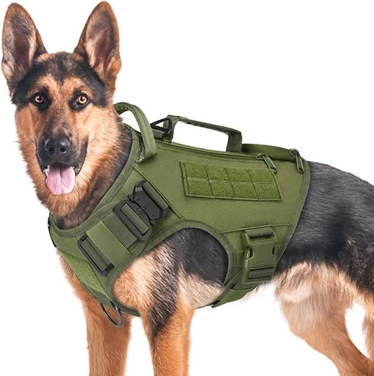 Tactical Dog Backpack Harness for Large Breed Original Design Metal Buckle Vest with Side Bags Pouches for Service Working Training (Green(Vest only), XL)